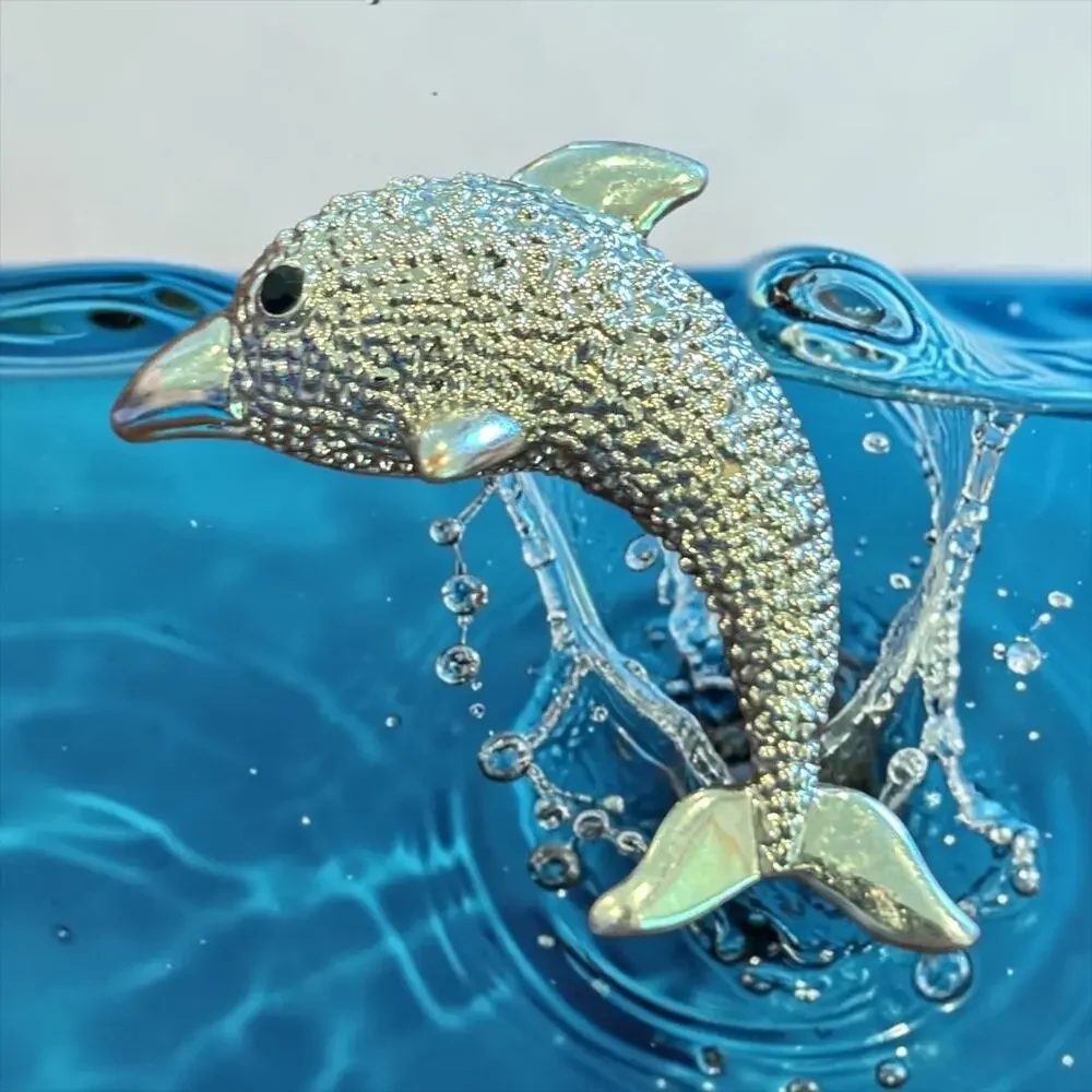 Vintage Leaping Dolphin Brooch Textured Silver Tone Ocean Coastal Nautical Pin